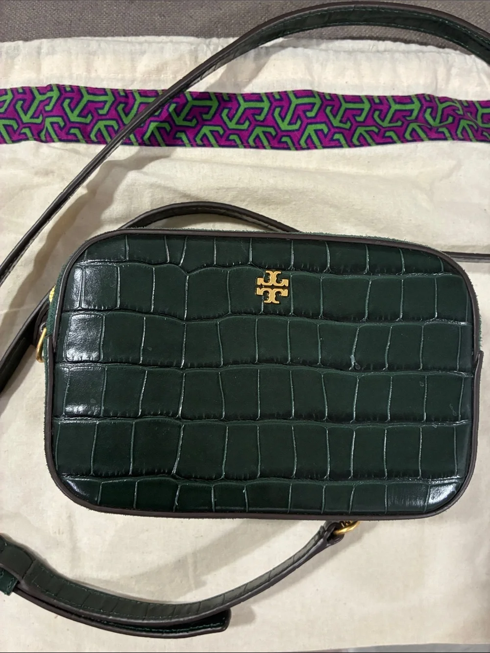 Tory Burch Forest Green Croc-Embossed Camera Bag with Gold Logo
